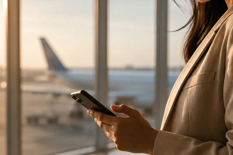Business traveller using her phone at the airport